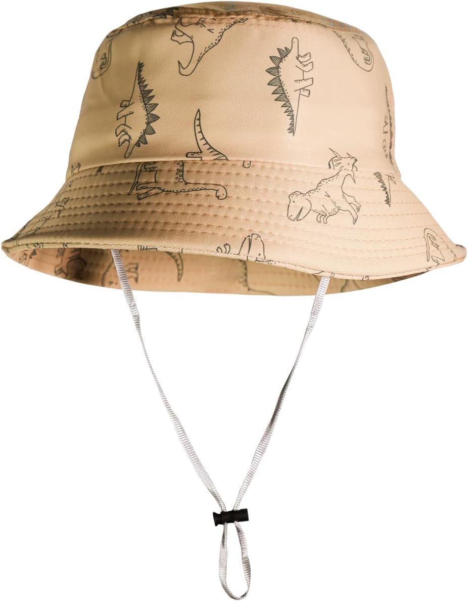 Chapéu Bucket Infantil Kids Unissex Proteção UV Sol Calor Verão Praia Saida Férias Modelo Cata Ovo Aba Larga Ajuste e Cordão Estampado Dinossauros