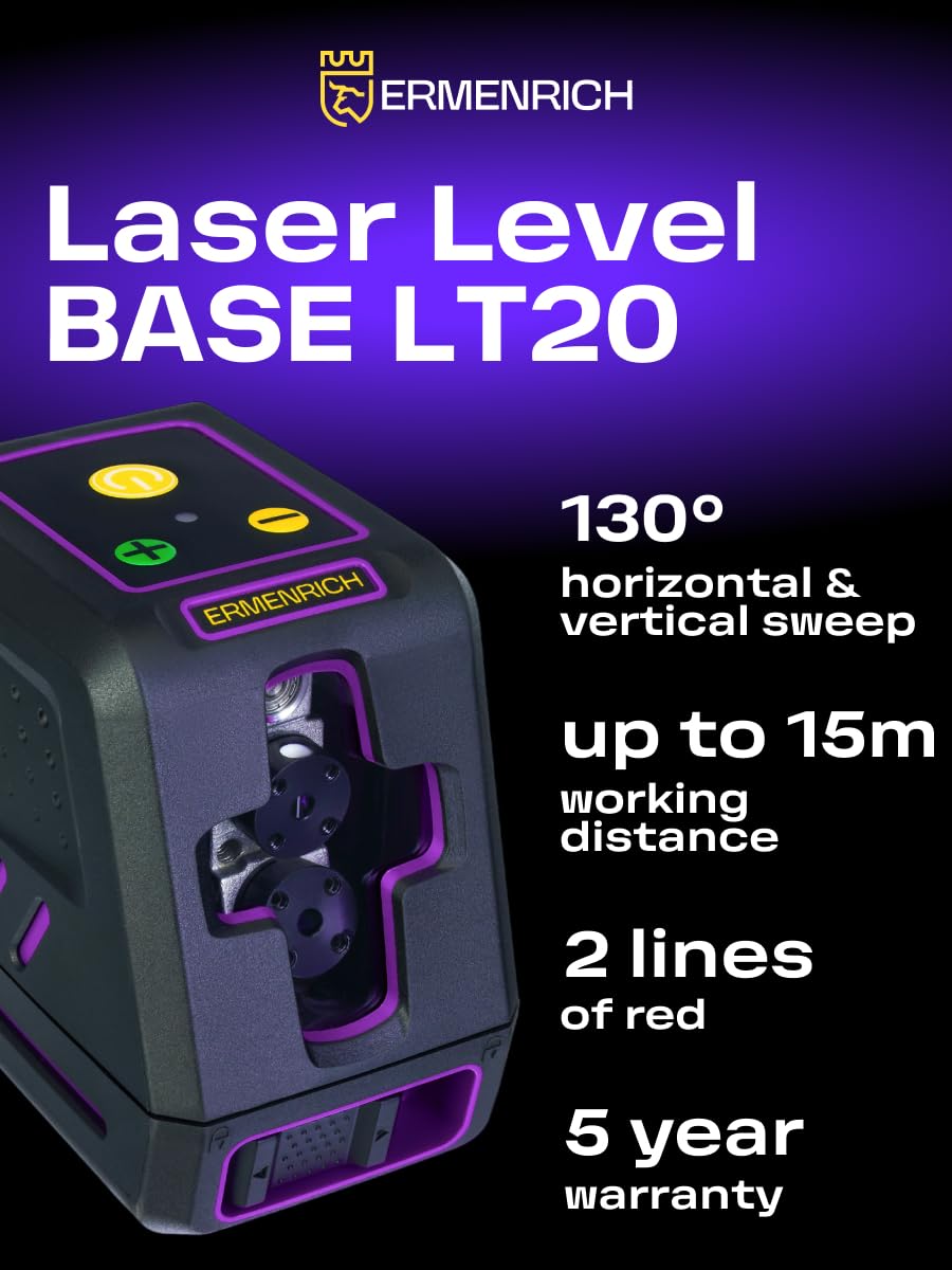BASE LT20 Czerwona Poziomica Laserowa Samopoziomująca Tryb Impulsowy 15 m 2 Linie Krzyżowe — IP54 Wysoka Dokładność Uchwyt w Kształcie L i Futerał W Zestawie Fioletowa