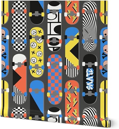 Peel & Stick Wallpaper Swatch - Retro 90S Skateboards Checkerboard Y2K Trendy Skater Teen Nostalgia Skate Park Vintage Rad Cool Custom Removable