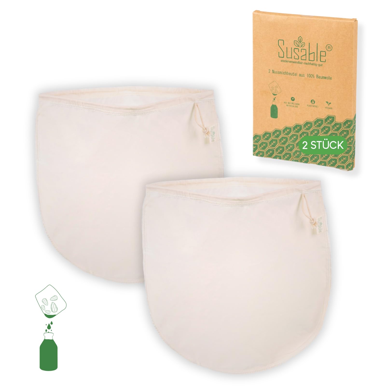 Lot De 2 Sacs à Lait Végétal Réutilisables Bio - Sac Filtrant Nylon Fin En V 28x30 Cm - Parfait Lait Amande Noisette Soja, Jus Fruits Légumes, Fromage Maison Sac à Lait