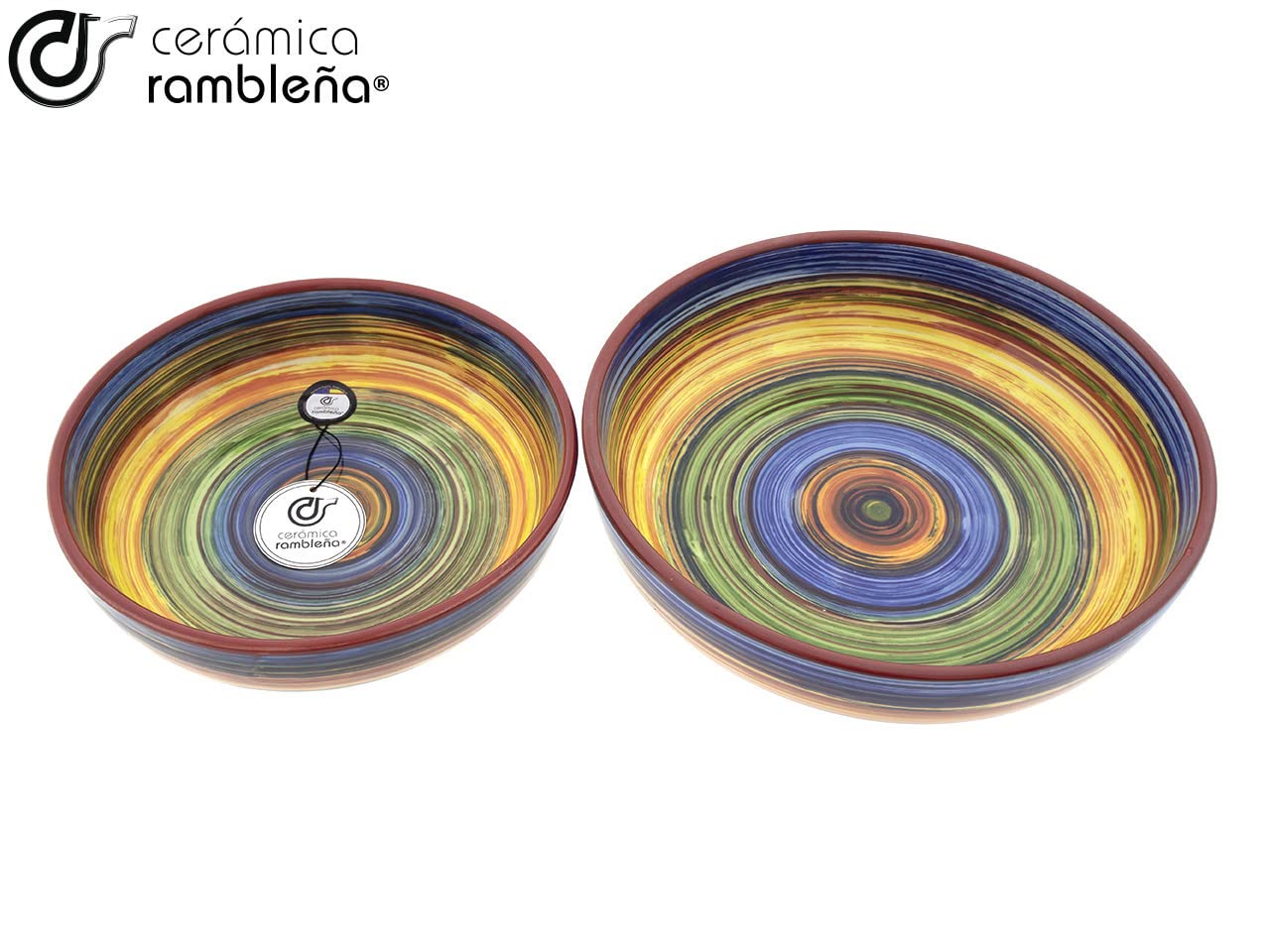 CERÁMICA RAMBLEÑA | Ensaladera cerámica | Ensaladeras originales | Conjunto x2 Ensaladeras decoración Arcoíris - Modelo 16 | Decoración 100% hecho a mano | 23x23x5.5 cm + 27x27x7 cm