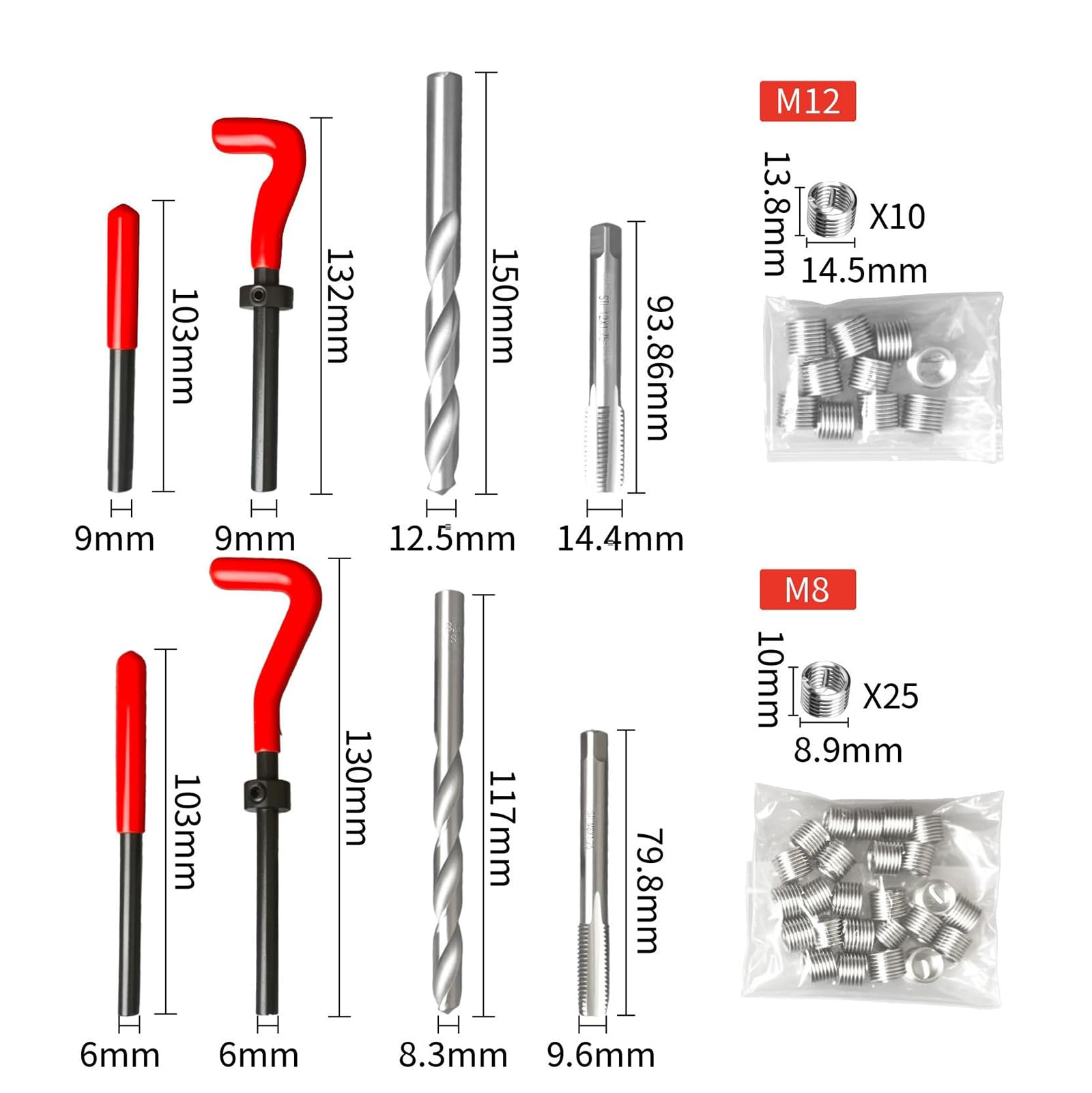 Kit di Riparazione Filettatura 131 Pezzi, Set di Utensili per Inserti Elicoidali M5-M12 con Punte da Trapano, Maschi e Installatore,Ripristino Filettatura Spelata per Candele di Motore Automobilistico