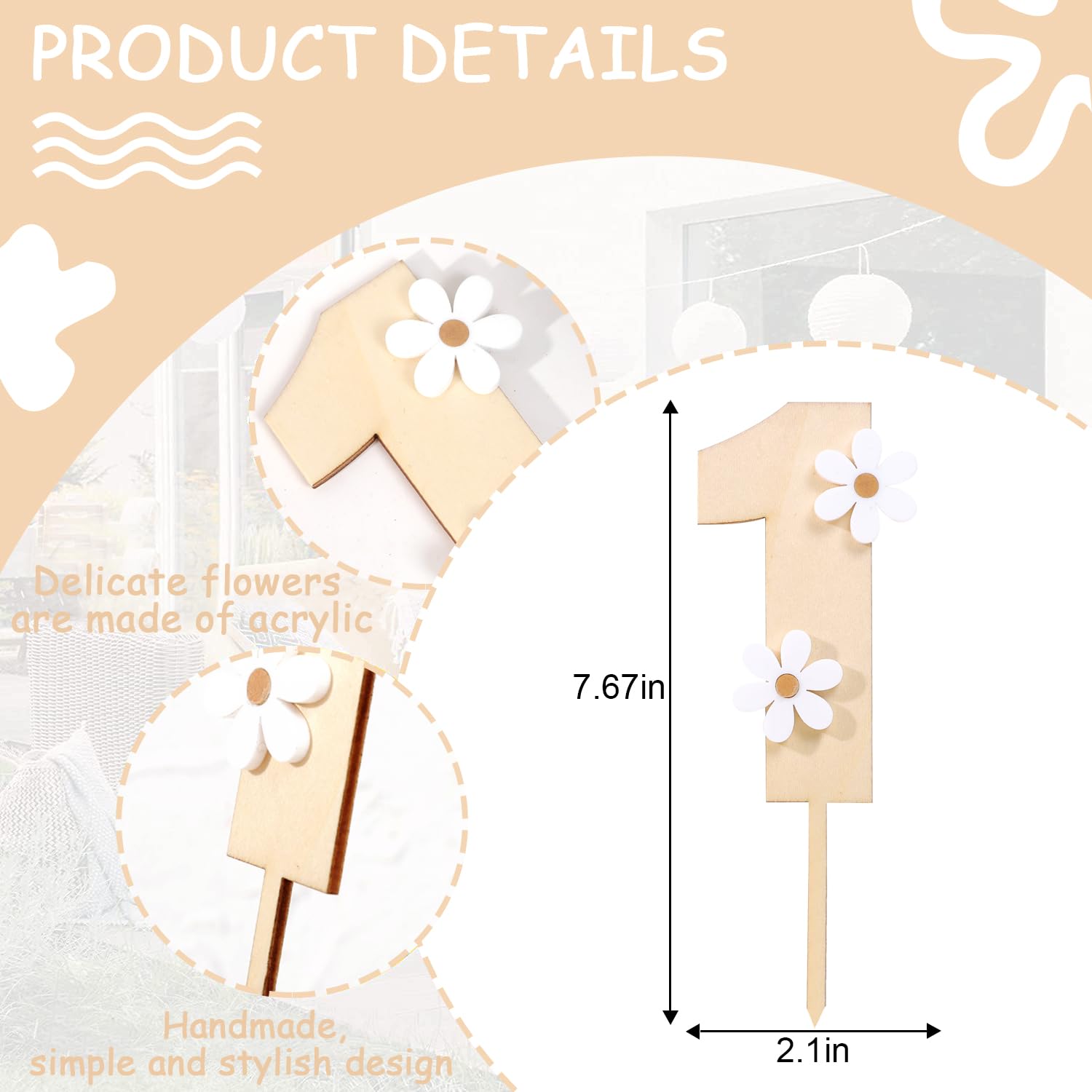 Wooden Daisy Cake Topper for 1st Birthday - Boho, Retro Groovy Party Decor, Wooden Cake Decorating Supplies, First Anniversary