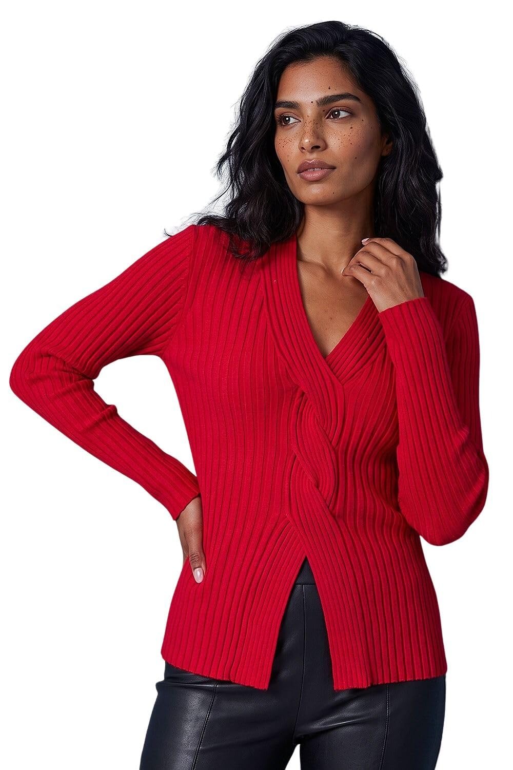 Roman Originals Cable Split Detail Rib Jumper for Women UK - Ladies Everyday Autumn Winter V-Neckline Comfy Soft Evening Vacation Work Party Night Out - Red - Size 16