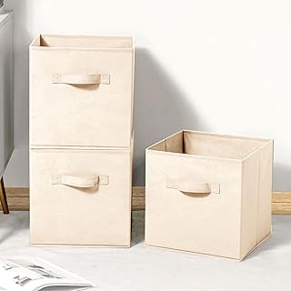wolpin Oxford Fabric Set of 3 Storage Basket Bins Foldable Collapsible Storage Cubes for Home Organiser Kids Toys Box and Wardrobe Clothes Stacker, Beige, 27 X 27 X 28 cm