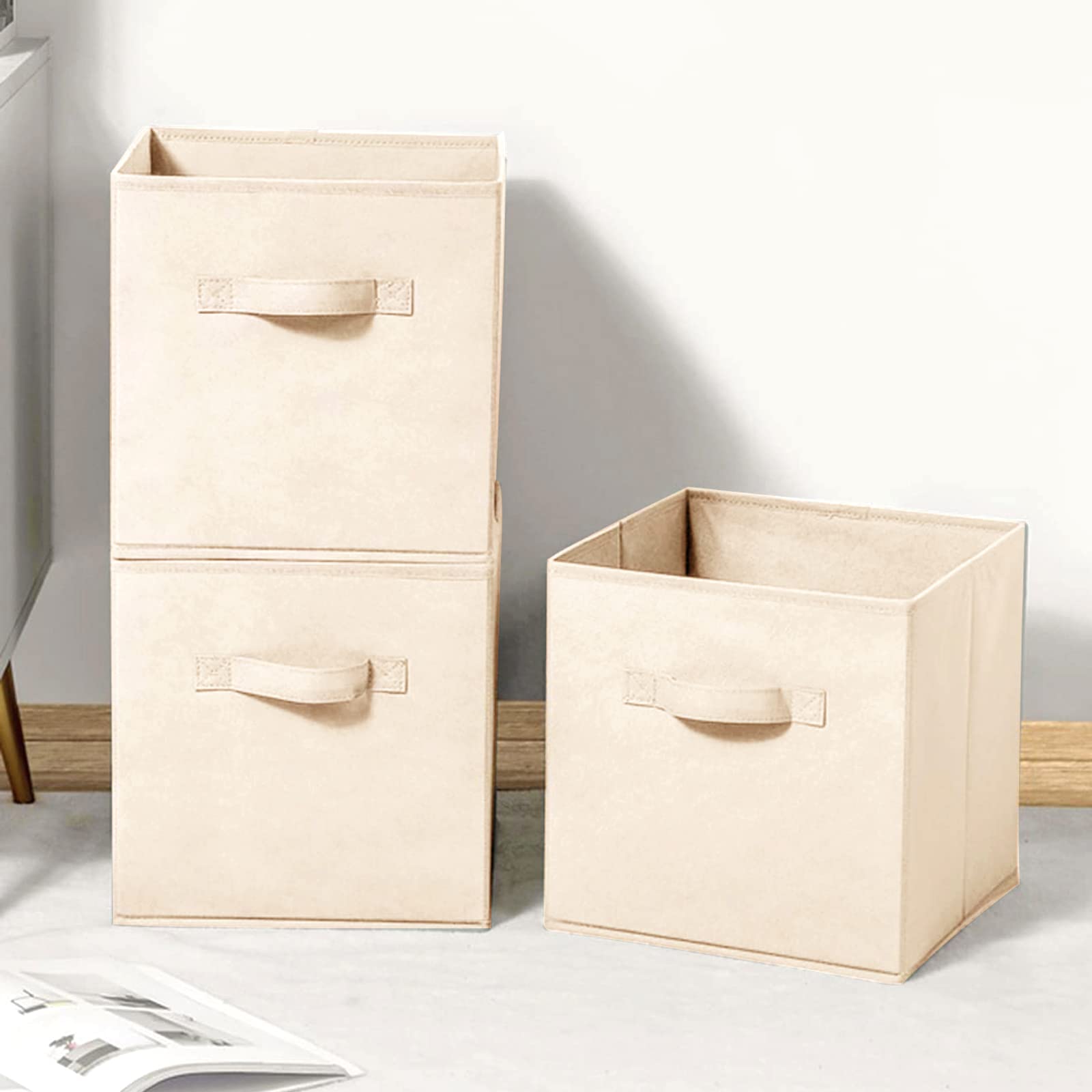 wolpin Oxford Fabric Set of 3 Storage Basket Bins Foldable Collapsible Storage Cubes for Home Organiser Kids Toys Box and Wardrobe Clothes Stacker, Beige, 27 X 27 X 28 cm