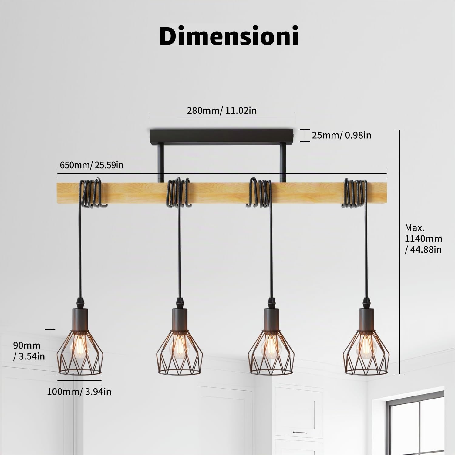 LVWIT Lampadario Sospensione E14, Lampade a Sospensione Rustici con 4 Luci, Lampadario Camera da Letto Nero, Base di Legno, Lampadari per Cucina, Sala da Pranzo, Soggiorno (Senza Lampadina)