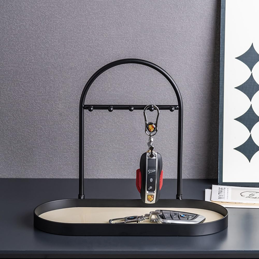 Shinpuru Metal Jewelry Organizer Stand & Key Holder Tray with Acrylic Base, Key Stand and Jewelry Tray with 5 Hooks, Perfect Key Bowl, Valet Tray,