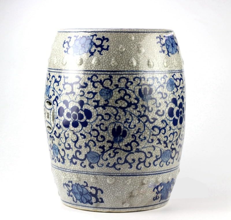 Garden Stool Hand-Painted Blue and White Ceramic Garden Stool - Decorative Porcelain Drum with Entwined Lines and Open Cracked Copper Coin Design Ottomans (A One Size)