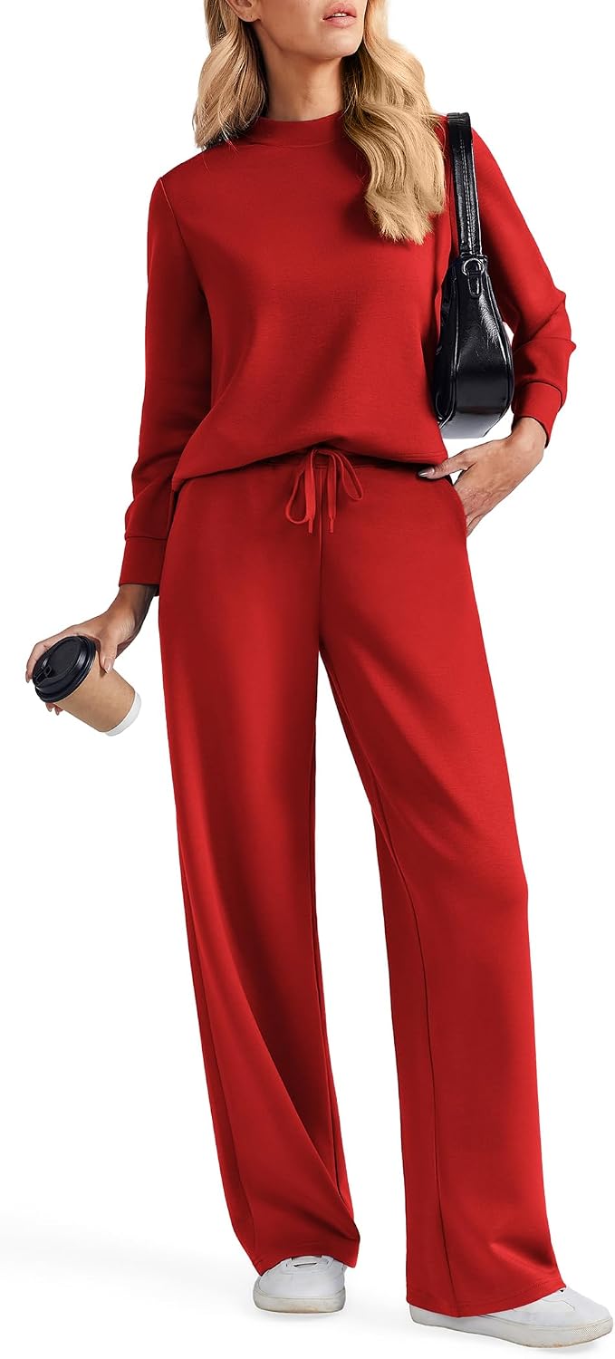 PINSPARK 2 Piece Sets for Women Wide Leg Pants Mock Neck Sweatsuits 2026
