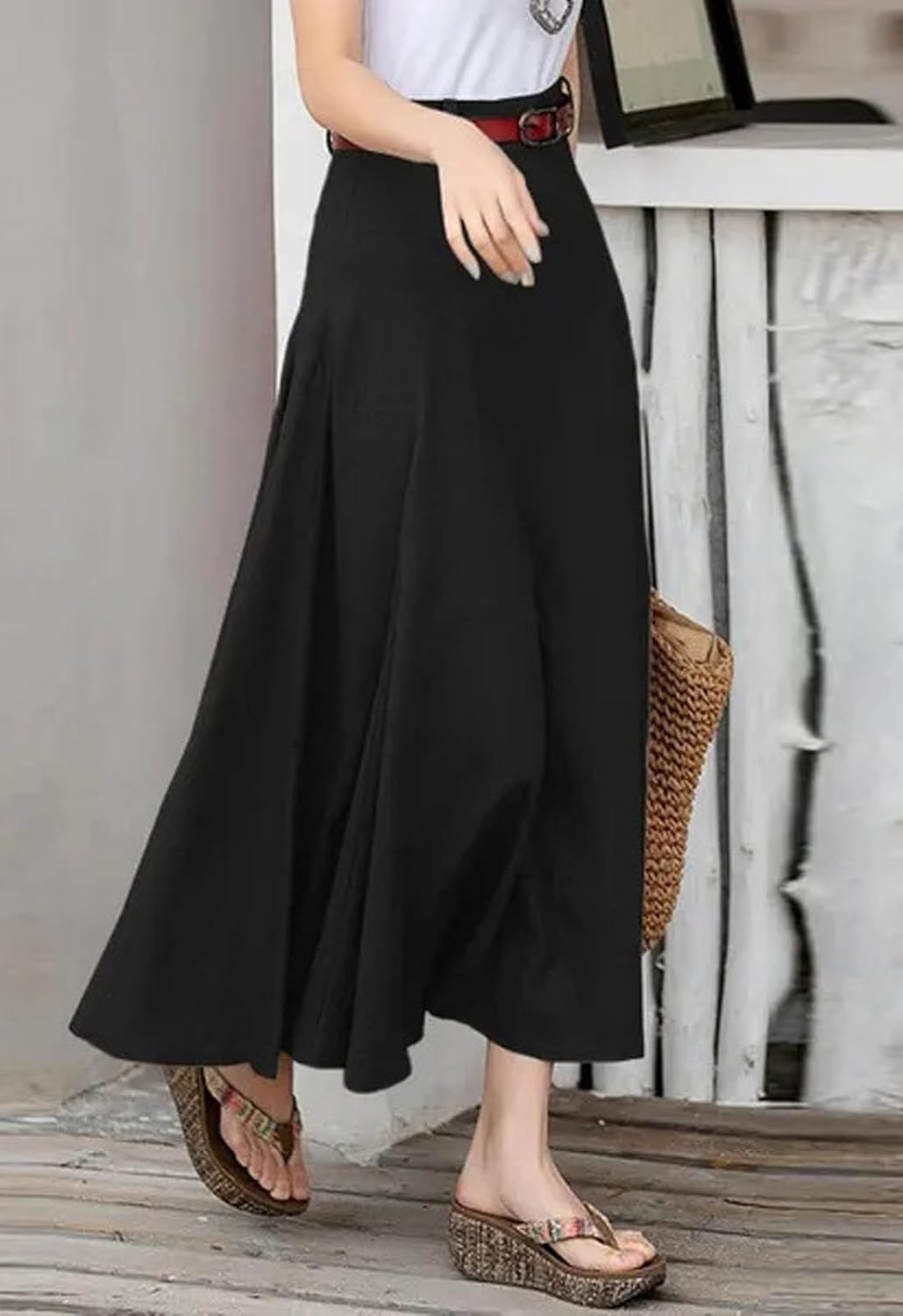 CHARTOU Women Casual Cotton Linen A Line Skirt High Waist Long Flowy Skirt Flare Swing Ruffle Skirt - Image 3