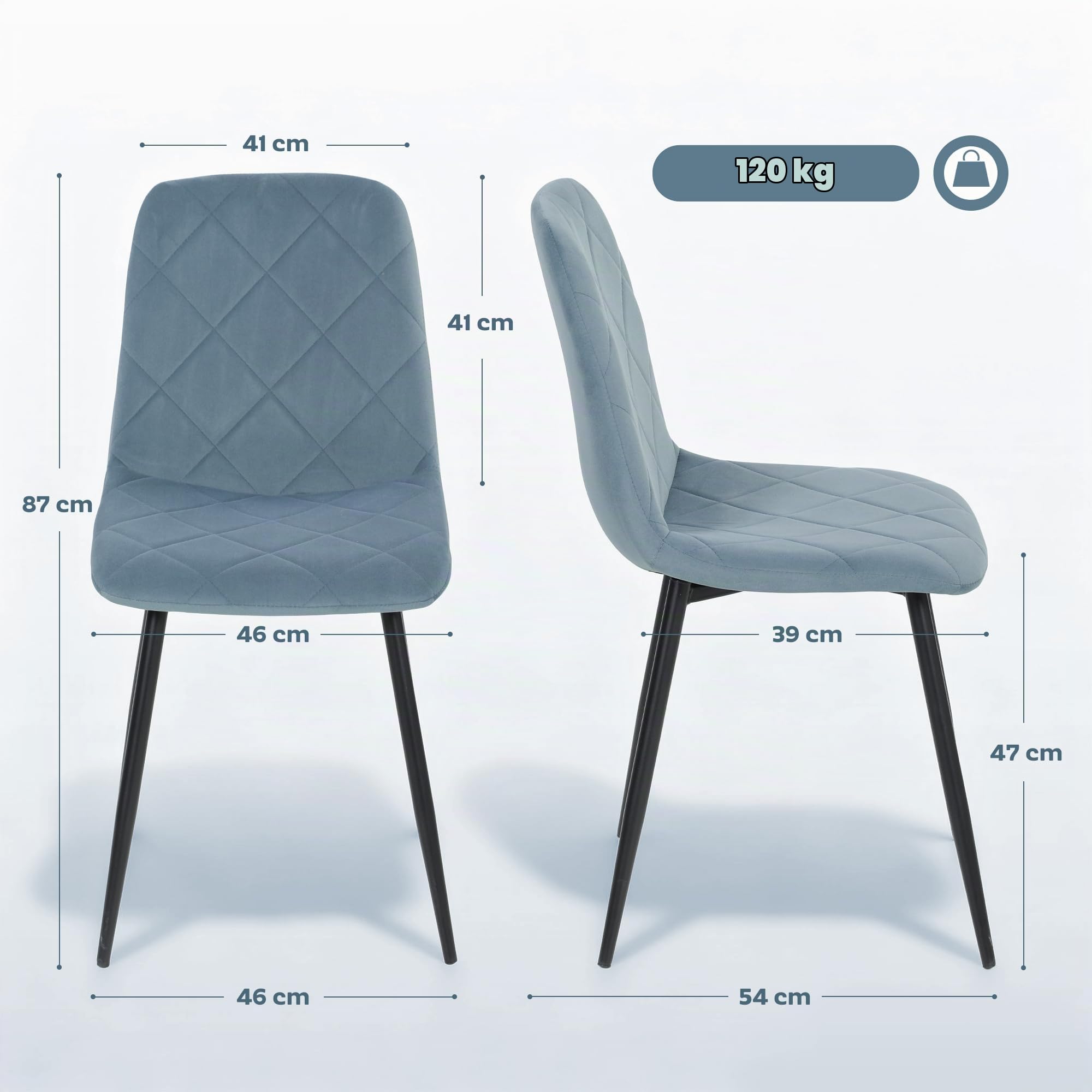 HOMCOM Juego de 4 Sillas de Comedor Modernas 45x54x87 cm Azul Claro | Sillas de Cocina, Tapizadas en Terciopelo, con Patas de Acero, para Salón