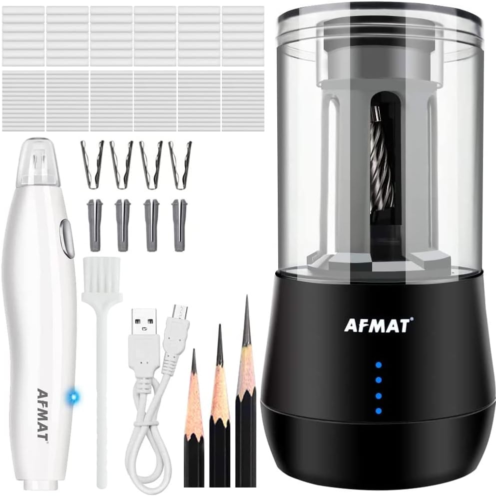 AFMAT Long Point Pencil Sharpener, Art Pencil Sharpener for 6-8.5mm Sketching/Drawing Pencils, 25mm Super Long Tip, 140 Eraser Refills Rechargeable Electric Eraser for Drawing