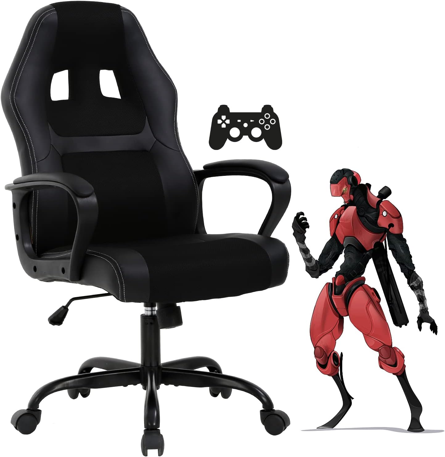 Gaming Chair PC Computer Chair Office Chair for Adult Teen Kids, Ergonomic PU Leather Gamer Chair with Lumbar Support High Back Adjustable Rolling Swivel Desk Chair, Black