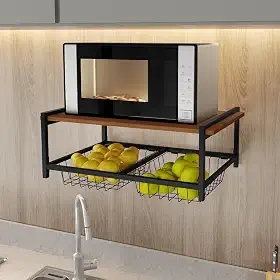 Fruteira De Parede Com 2 Cestos Aço Estilo Industrial Preto Suspensa Suporte Microondas (MDF Amadeirado)