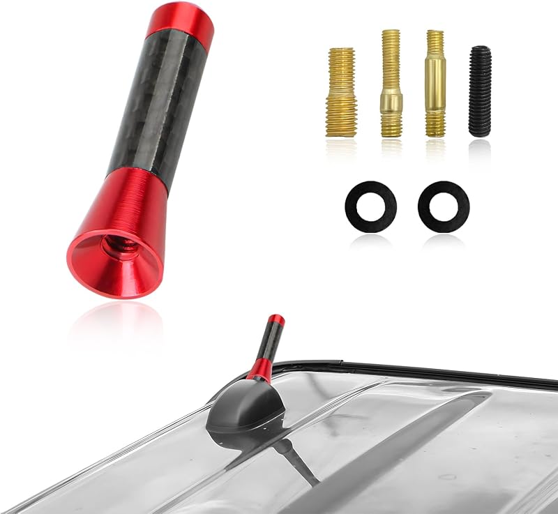 Sun Walker Car Short Antenna, 1.37 Inch Aluminum Alloy Stubby Aerial Antenna with Screws & Gaskets, Mini Carbon Fiber Auto Roof Mounted Aerial Mast for AM FM Stereo Reception (Red)