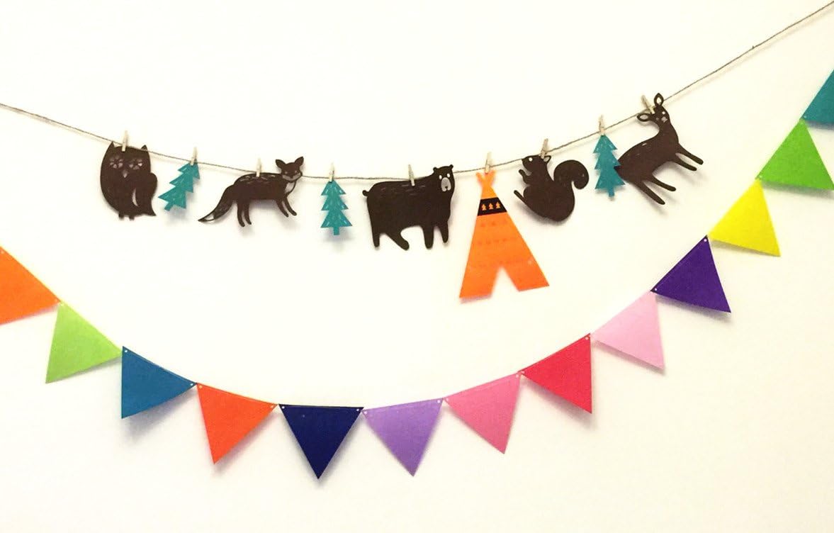 ELLAMAMA Woodland Camping Colorful Pennant Garland Banner for Baby Shower Kindergarten Holiday Kids Room Teepee Camping Decorations