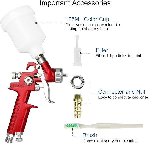 Miniatura 7 de Mini pistola de pulverización HVLP con punta de 0.039 in pistola pulverizadora de aire con taza de color de 4.2 fl oz pintura de alimentación por
