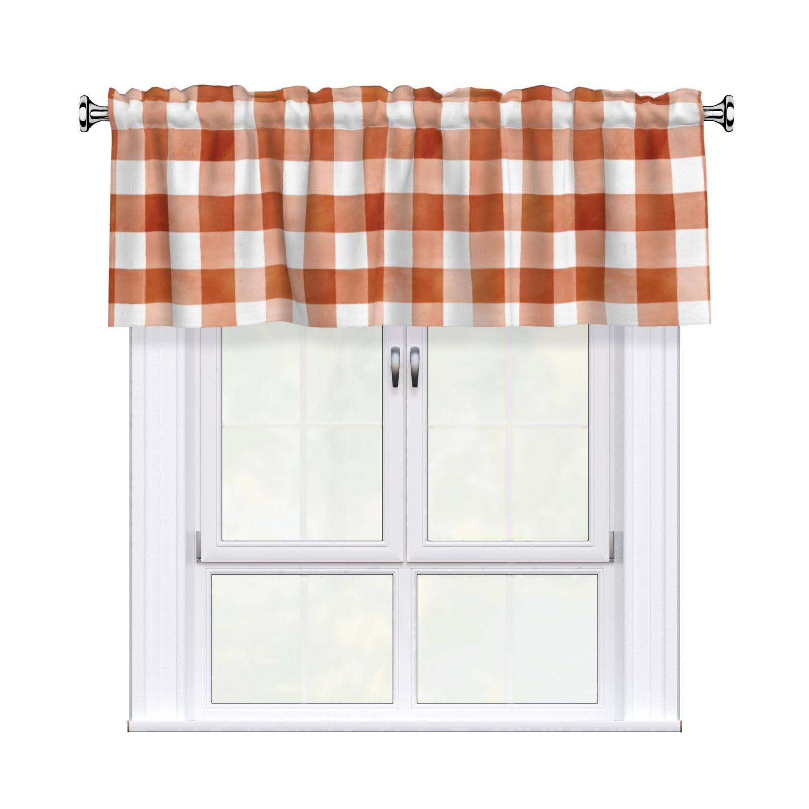 Woshuwo Watercolor Checkered Pattern Terracotta Rust Cream Valances For Windows Rod Pocket Window Treatment Short Curtains For Kitchen Living Room Bedroom Decor 54x18in