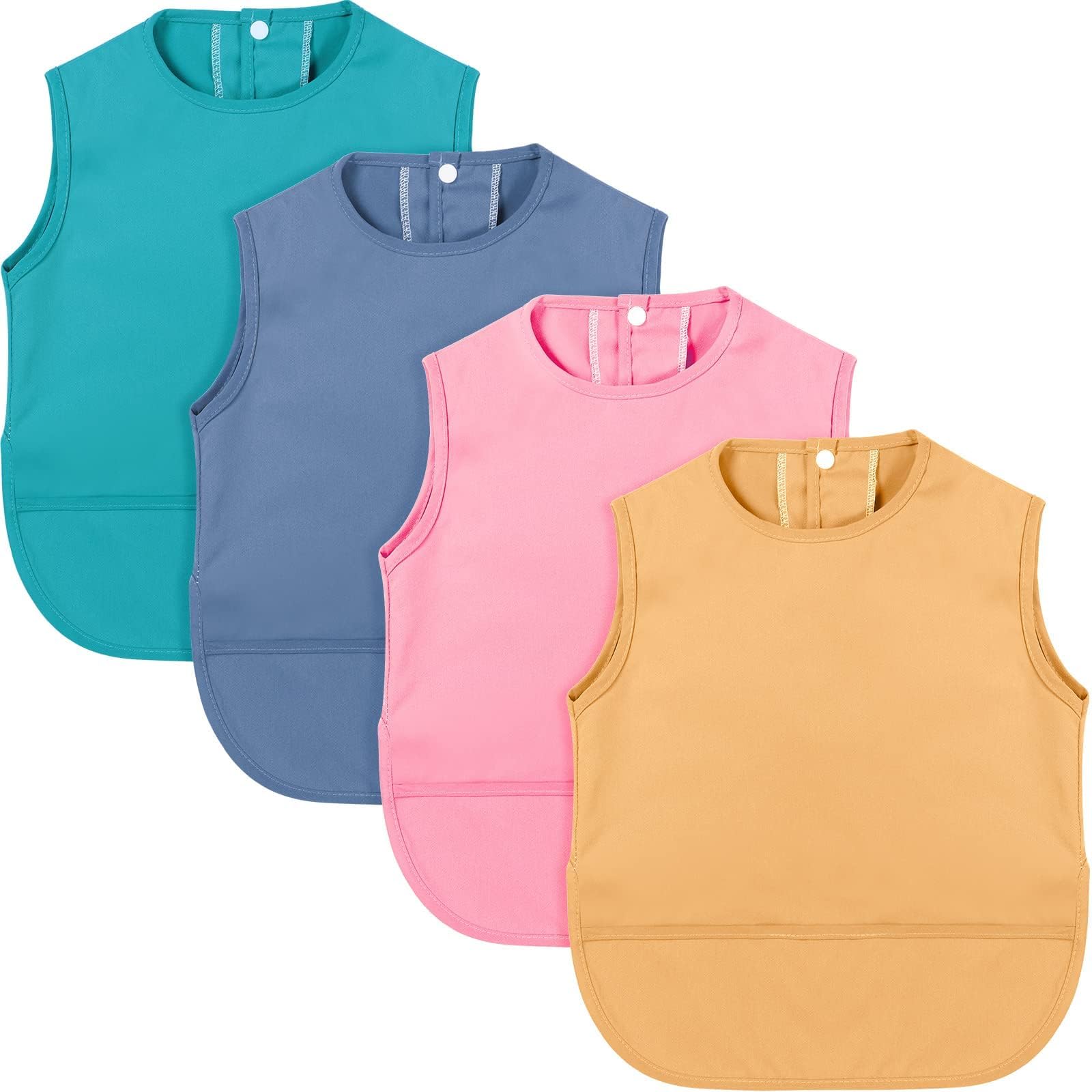 Mess-Proof Apron Bib, 4 Pack Waterproof Baby Bibs With Pocket, for Boy/Girl, Food Smock, Feeding Bibs, 6 to 12 Months, 4 Colors