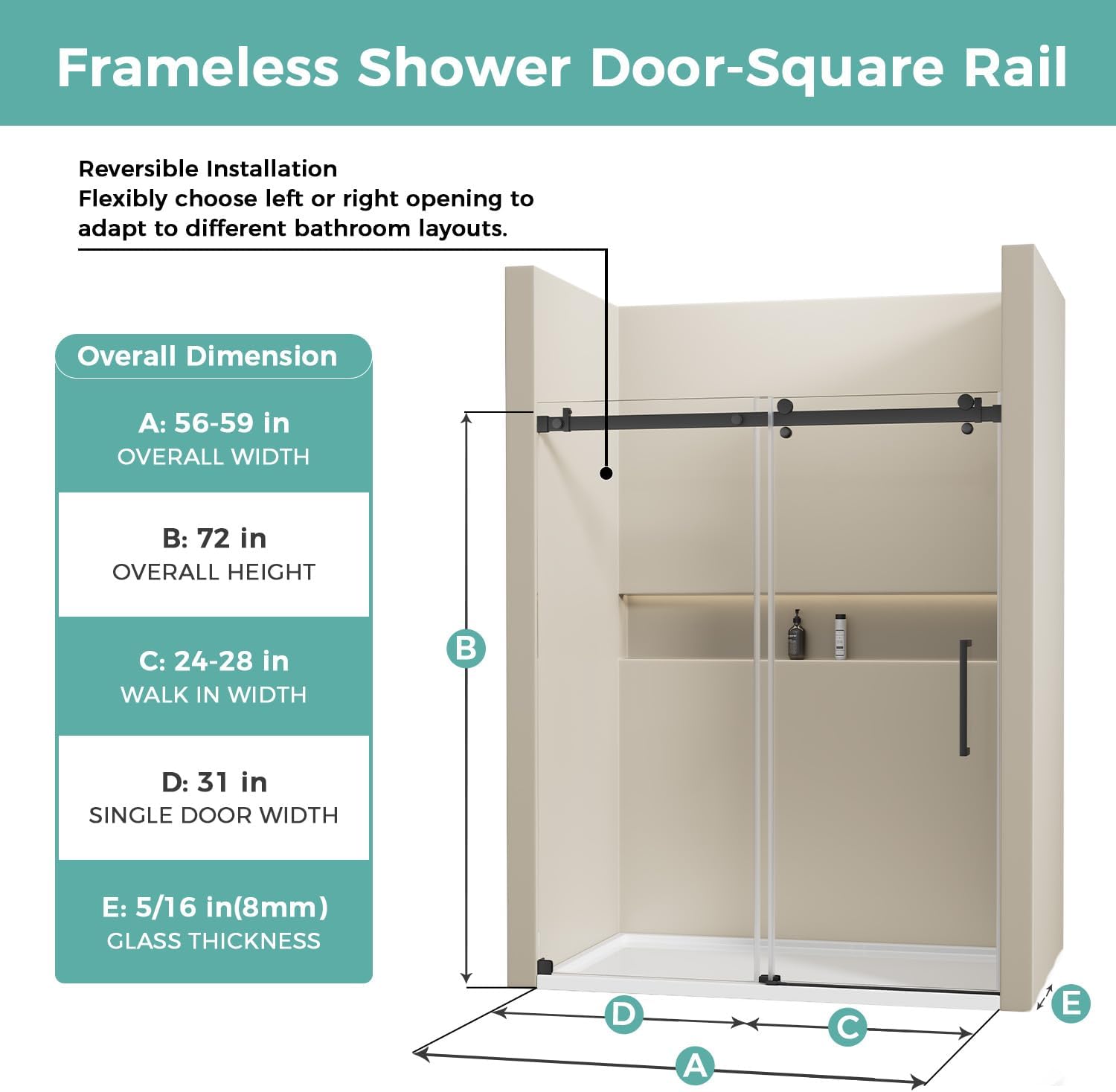 56-60" W x 72" H Frameless Glass Shower Door, Sliding Shower Door with Stainless Steel Hardware and Seal Strips, Matte Black Shower Glass Door can be Installed Left and Right, Square Rail