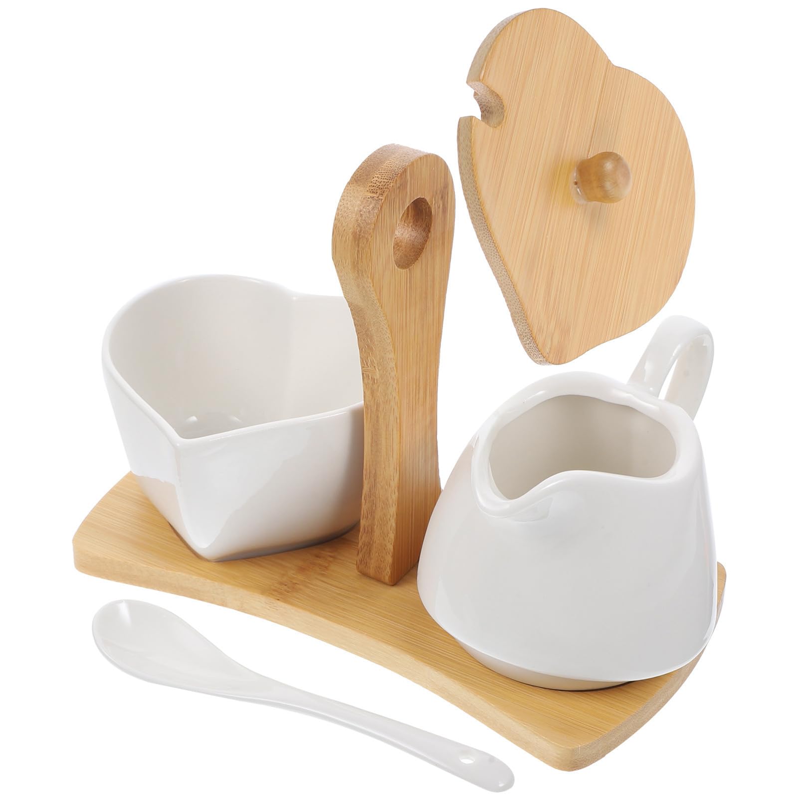 Juego de Azucarero y Jarra de Crema de Cerámica y Día de Inauguración en Color Claro con Bandeja y Cuchara de Bambú, Diseño Simple para Cocina en Hotel