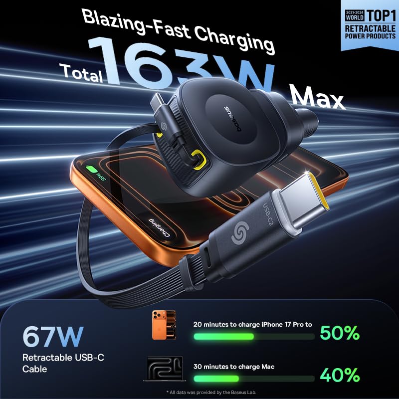 Baseus 163W Retractable Car Charger USB C Fast Charging, PrimeTrip VR2 Max 4 in 1 Fast Car Charger with Dual Retractable USB C Cable for iPhone 17 16 15 Pro Max, Samsung Galaxy S25 Ultra, Android - Image 3