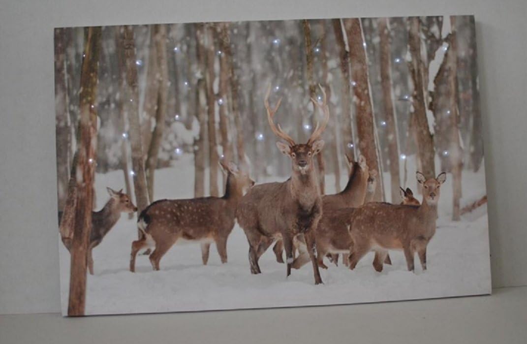 Xmas Deco Illuminated Light Up Stag with Deers Fiber CANVAS Picture Wall Art 60cm x 40cm