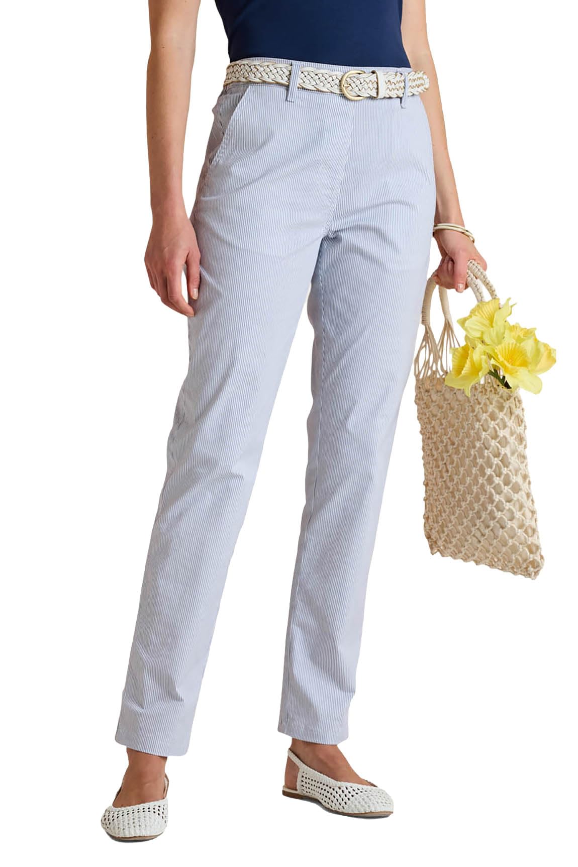 Amber Ladies Stripe Chino Pull‑On Trousers, Stretch Cotton Flat‑Front Chinos with Elasticated Back Waist & Belt Loops, White or Navy White 12 Short