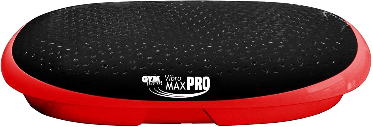 Top-down view of the Gymform Vibromax PRO vibration plate, showing the black textured surface with 'GYM Vibro MAX PRO' logo.