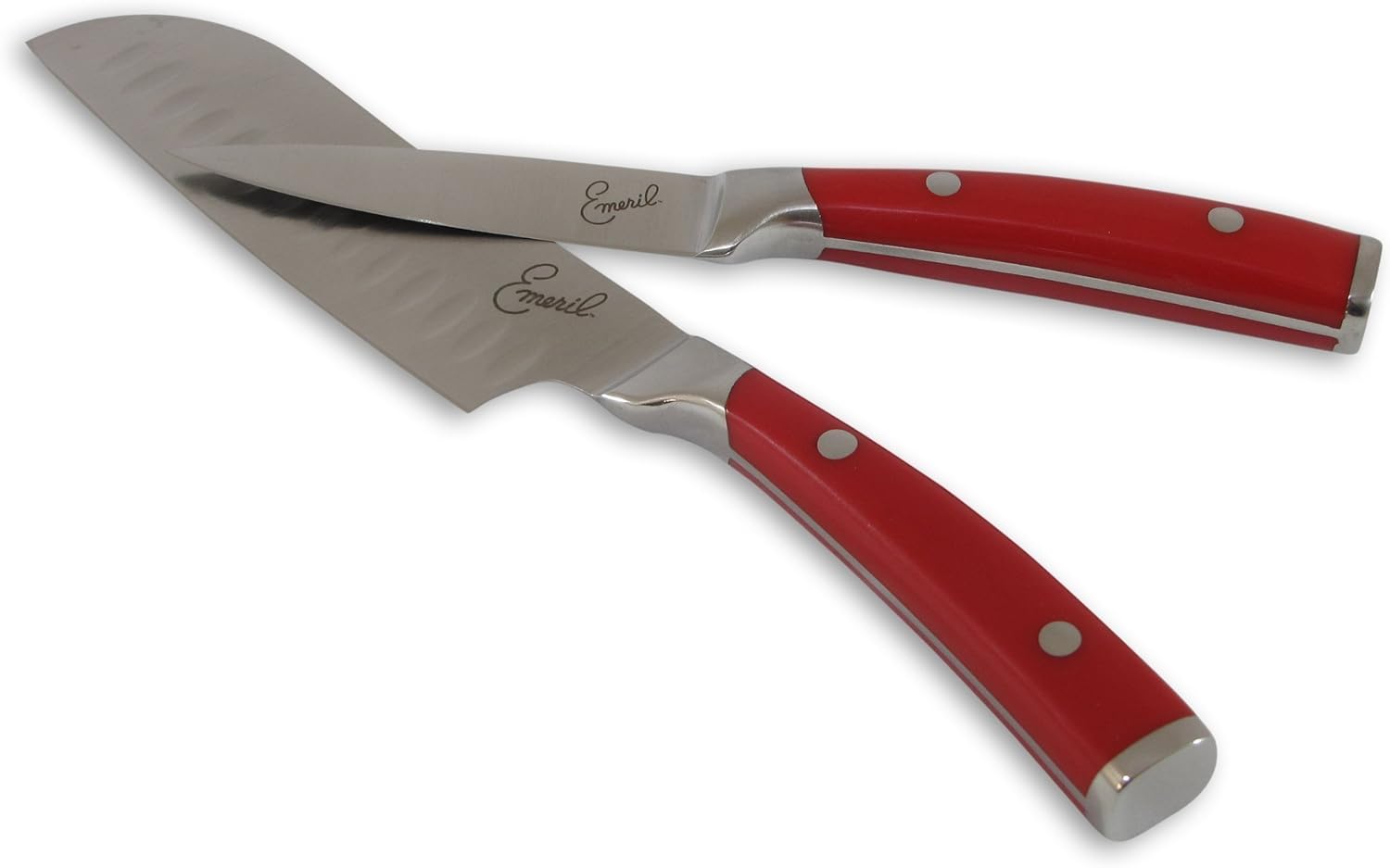 Emeril 3-Piece Knife Set & Sharpener - Sharp Pairing & Santoku Chef's Cutting Knives with Stainless Steel Blade for Cooking & Kitchen, by Chef Emeril Lagasse (Red): Home & Kitchen