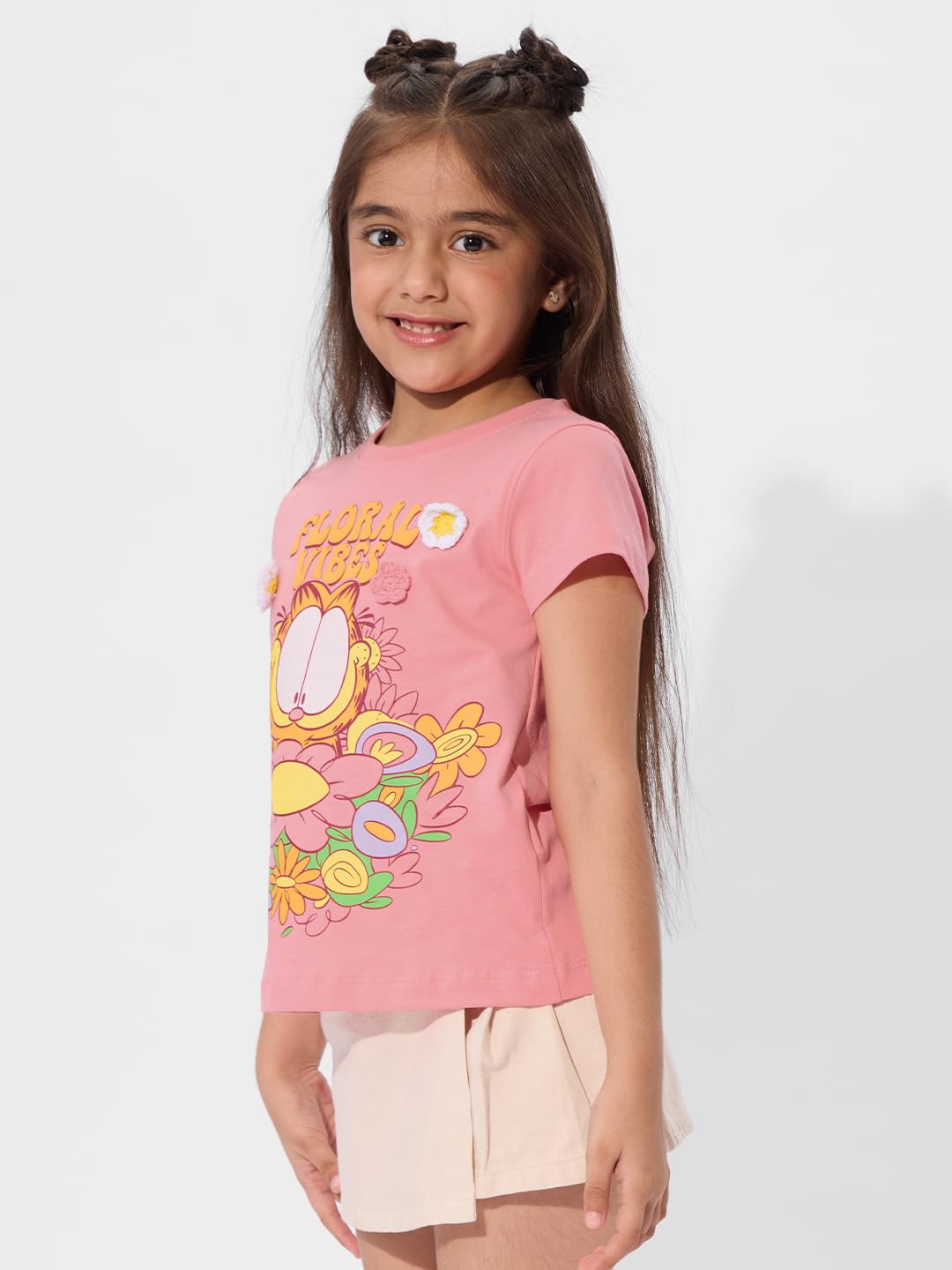 The Souled Store Garfield - Camiseta de manga corta para niña, diseño floral, cuello redondo, estampado gráfico rosa, ajuste normal, algodón