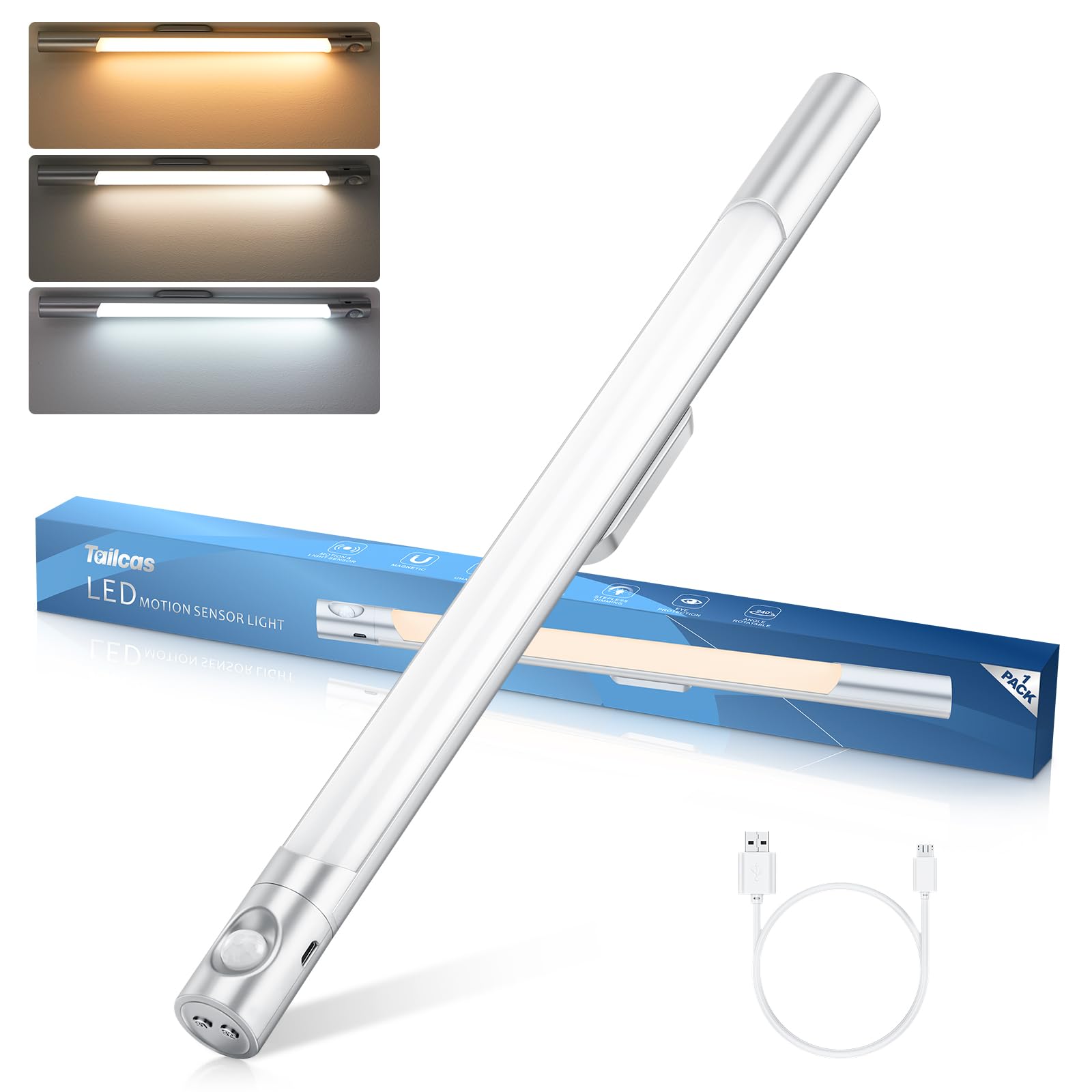 Under Cupboard Kitchen Lights, 4000mAh USB Rechargeable Motion Sensor Lights Indoor, 40cm Dimmable Under Cabinet Kitchen Lights, 3 Colors & 4 Modes, with Magnet Mount, for Reading, Closet, Mirror