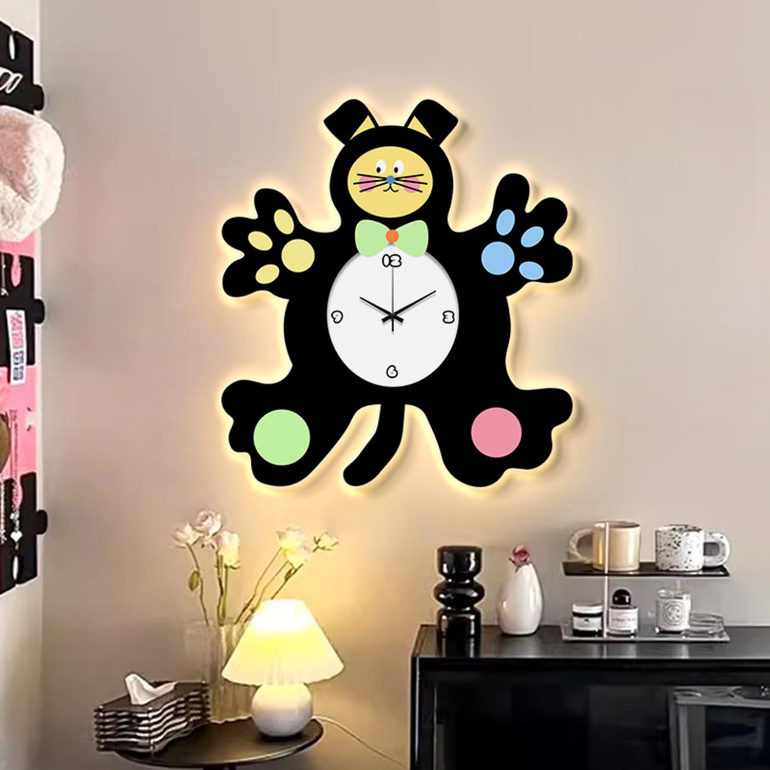 Lámpara de pared con gato, mando a distancia y reloj Aplique LED para habitación infantil Animal con cable USB Lámpara decorativa de noche-pared 3 temperaturas de color para habitación de bebé,A