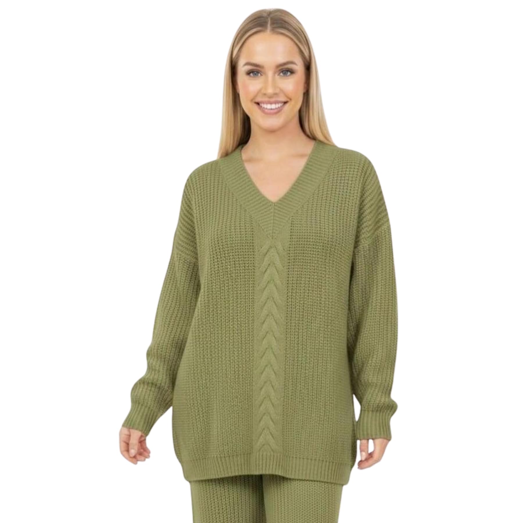 janisramone Set da donna in 2 pezzi, maglia a trecce, maglione a maniche lunghe con scollo a V e pantaloni a gamba larga, tuta per autunno e inverno, taglia 40-46