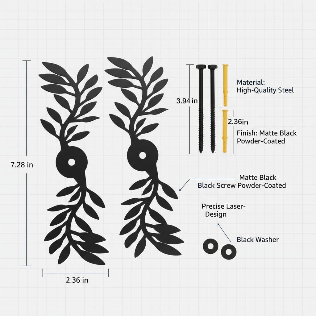 Black Leaf Shaped Shutter Tieback, 7-Inch Decorative Shutter Holder with Installation Hardware, Exterior Shutter Tie Back for Outdoor Wall Windproof Shutter Fastener (6-pcs, Iron)