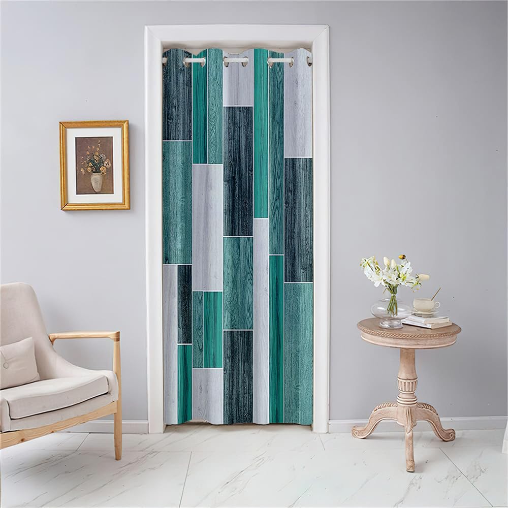 Odot Door Curtain with Eyelet Blackout Thermal Insulation Single Curtain Vintage Wood Panel Print Partition Curtain for Closet Window Bedroom Home Decorative, 1 PANEL (51x78.7,Turquoise)