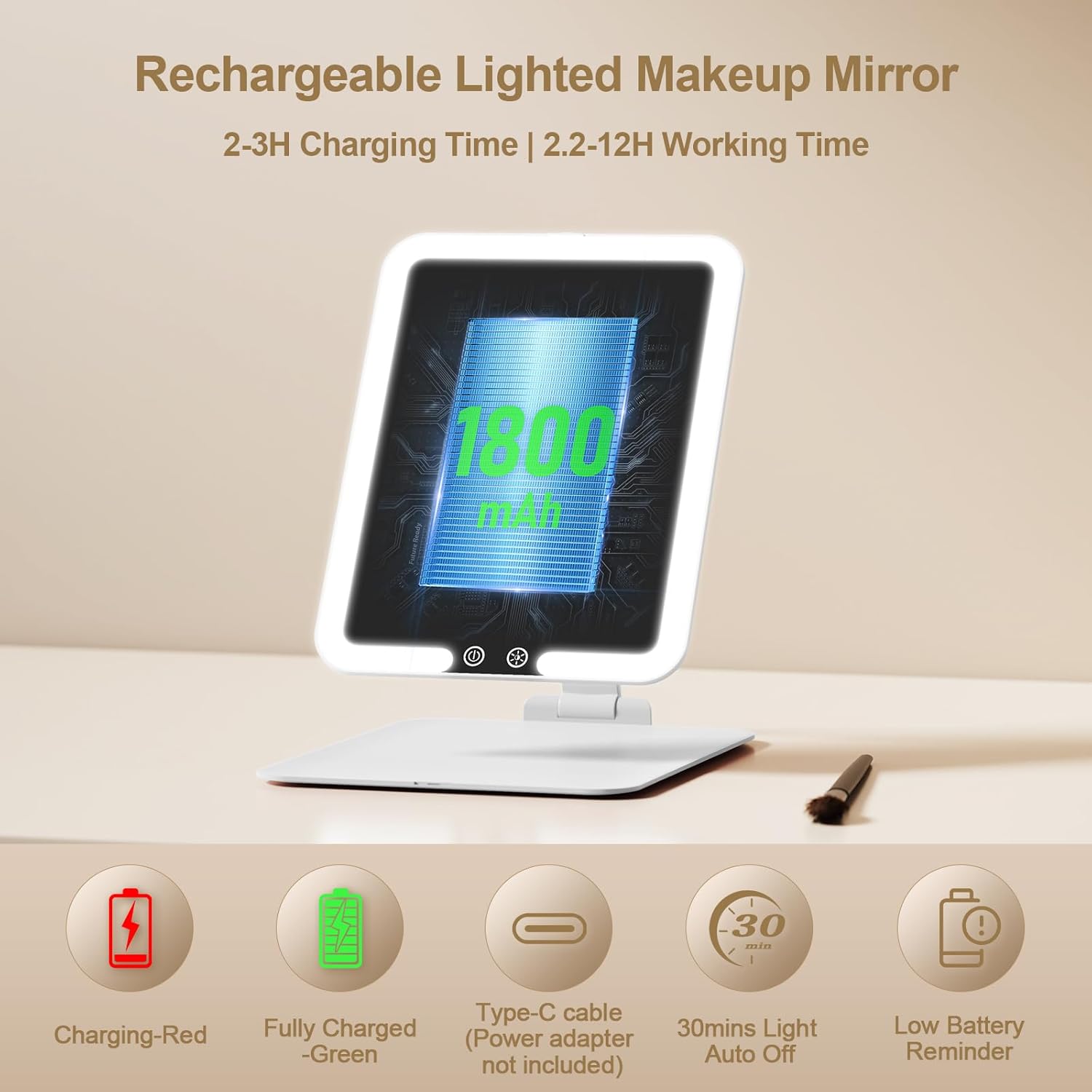 Benbilry Travel Makeup Mirror with Light, 15X Magnifying Mirror & 3 Color Modes, 1800mAh Rechargeable, Adjustable Height/Angle Stand, Foldable LED Vanity Mirror for Tabletop (White) - Image 5