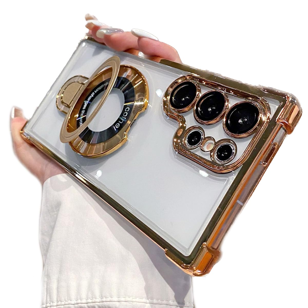 for Samsung Galaxy S25 Ultra Clear Case with Magnetic Ring Stand, [Compatible with MagSafe] Shockproof Plating Soft Case Camera Lens Protector Thin Phone Cover for S25 Ultra 6.9" (Gold)