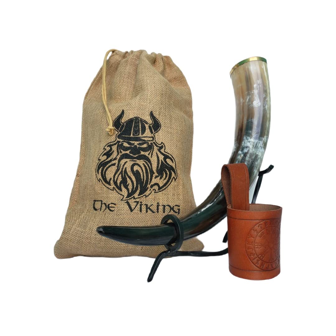 The Viking Genuine Viking Drinking Horn with Iron Stand, Authentic Medieval Beer Drinking Horn (16 oz)