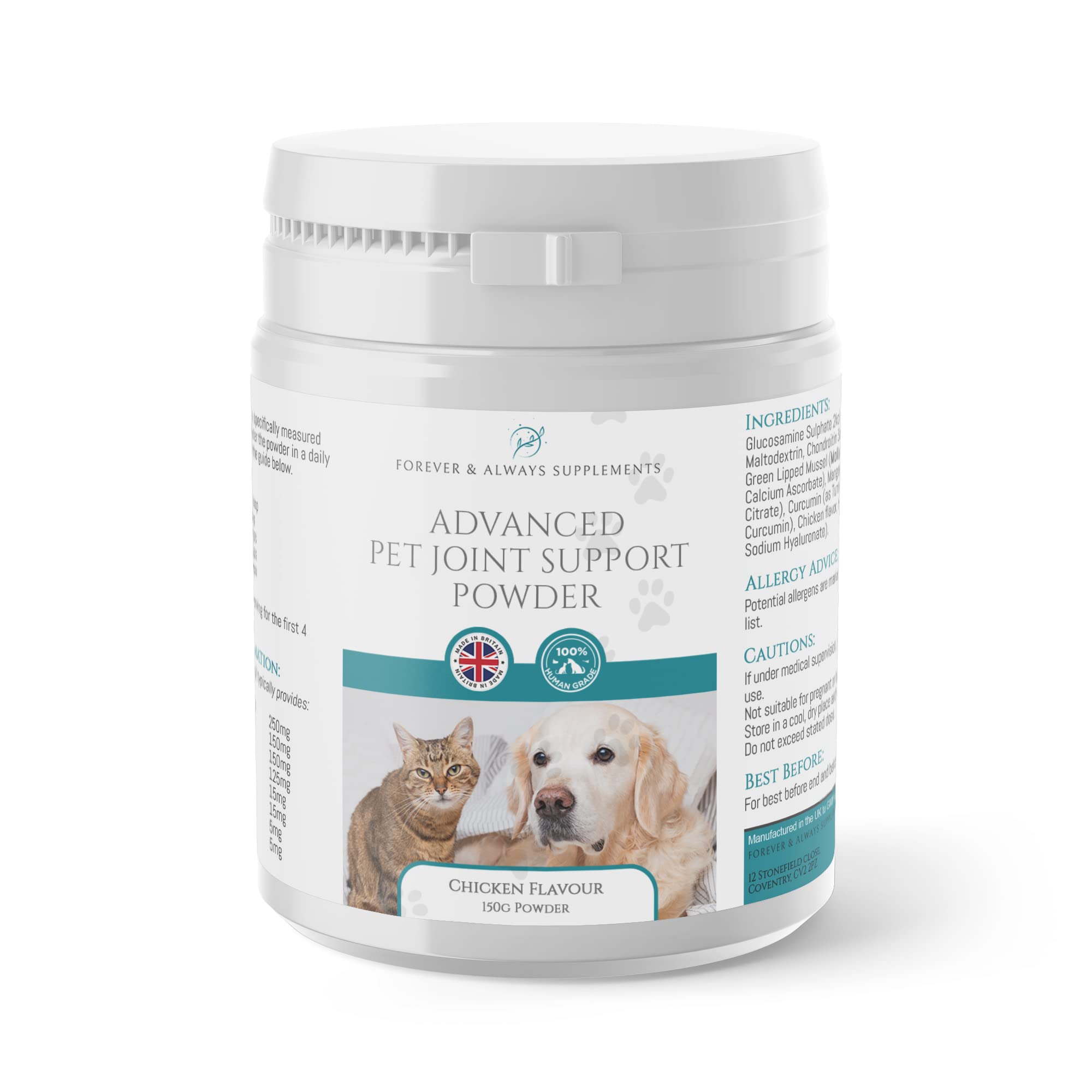 Advanced Cat & Dog joint Support powder | Green lipped mussel | MSM | Glucosamine and Chondroitin | Chicken Flavoured joint care supplement | 150g Dog's & Cat joints & hip care vitamin supplement