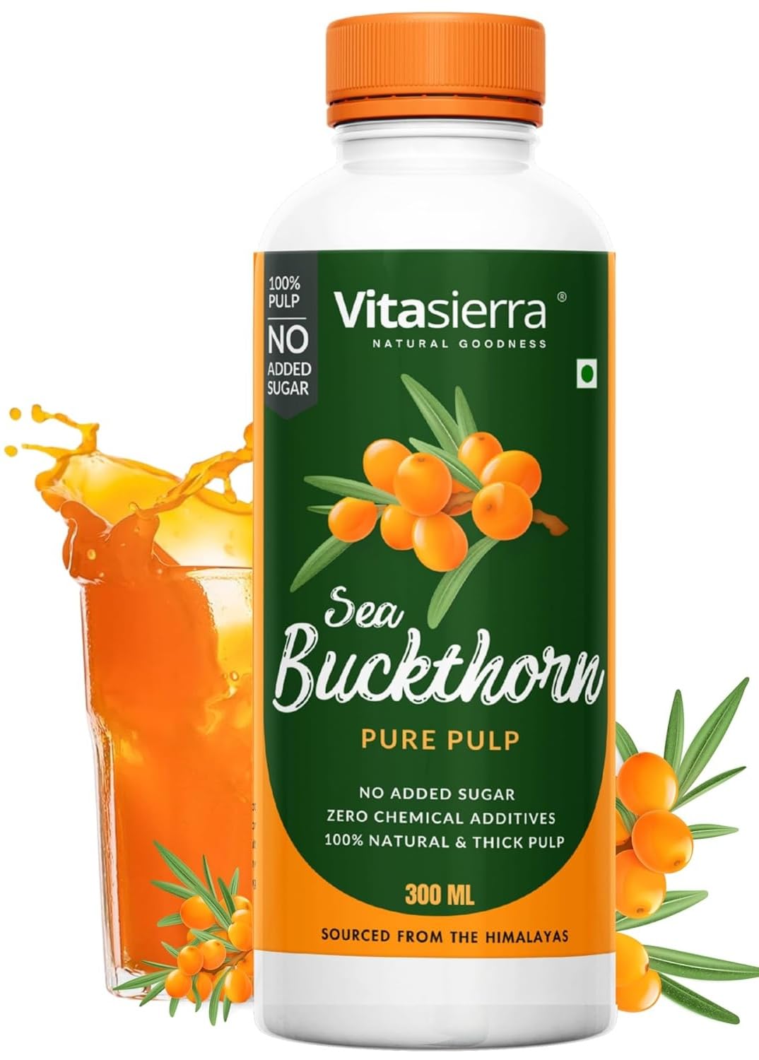 Vitasierra Sea Buckthorn Pulp Concentrate (300 ml) - Thick & Pure 100% Sea Buckthorn Berry Pulp - Makes Upto 50 Glasses of Sea Buckthorn Juice - No Chemical Additives Pure Seabuckthorn (New Amber