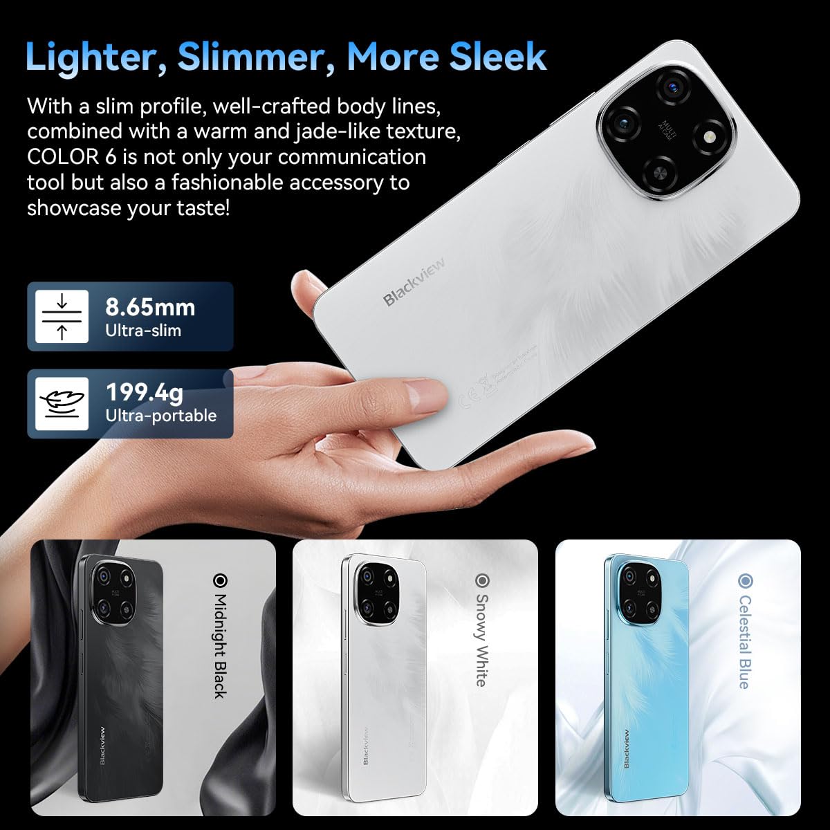 Blackview Color 6 AI Smartphone, 24GB+256GB, Fotocamera 50MP+13MP, 6,67" HD+, 3 Slot per Schede, Telefono Cellulare Android 15, Ricarica Rapida 18W, Altoparlante Smart-K Box, Doke AI App, GPS Bianco
