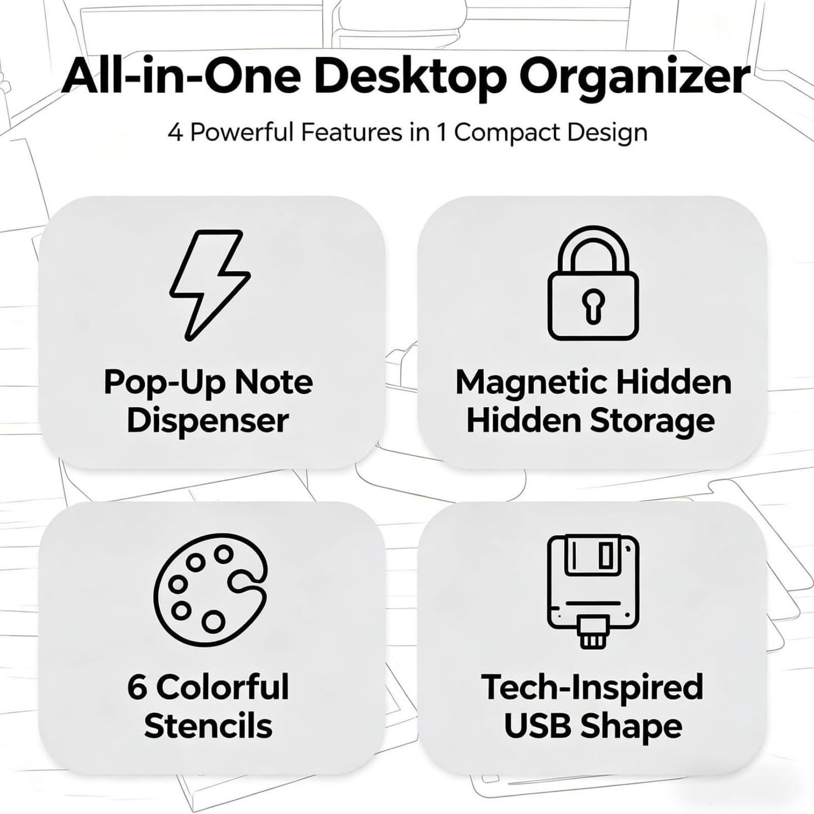 3D Printed Giant USB Organizer, Pop Up Sticky Note Dispenser with Pen Holder & Planner Stencils - Image 2