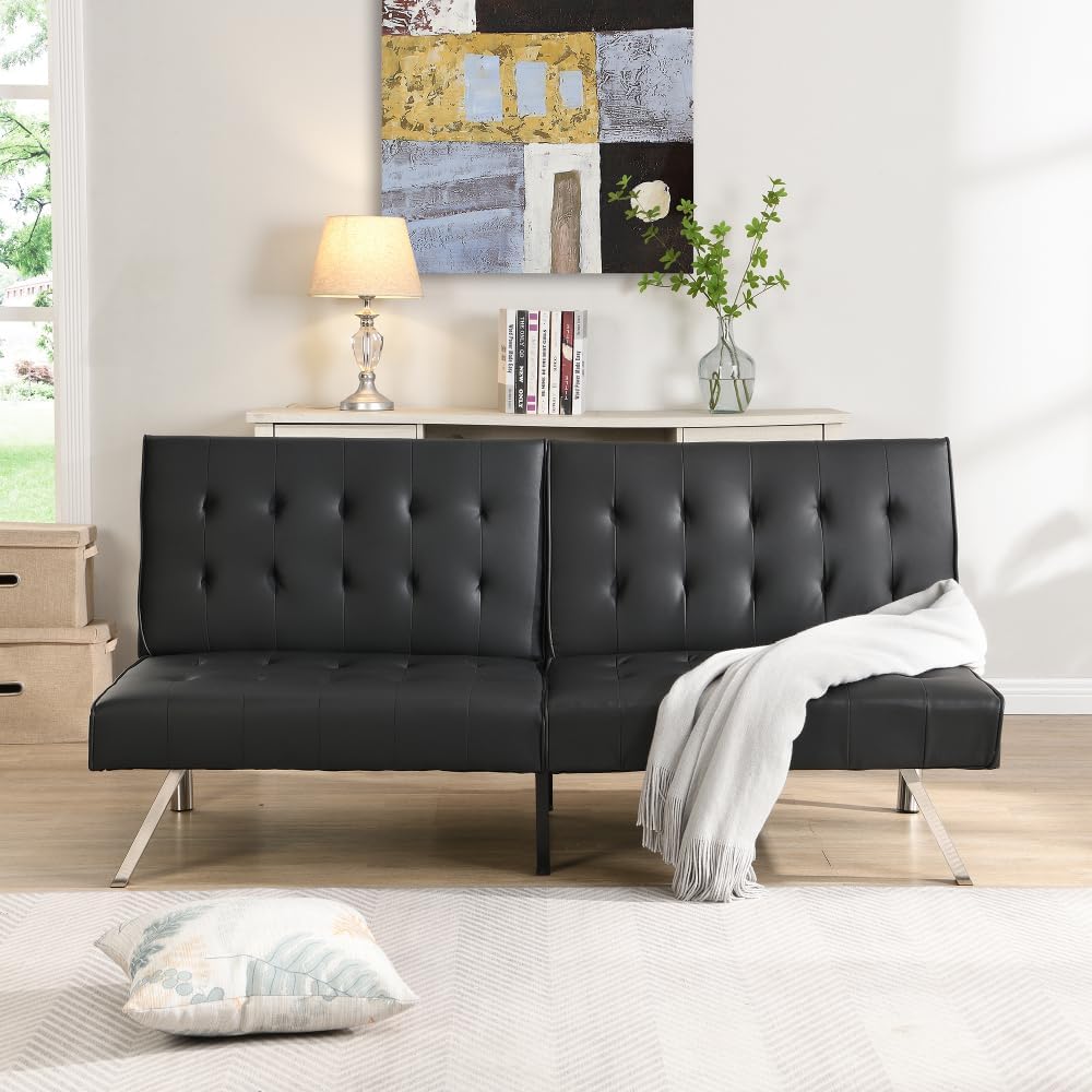 Metal Frame, Stainless Leg, FUTON, Sofa Bed (Black + Leather + 2 Seat)