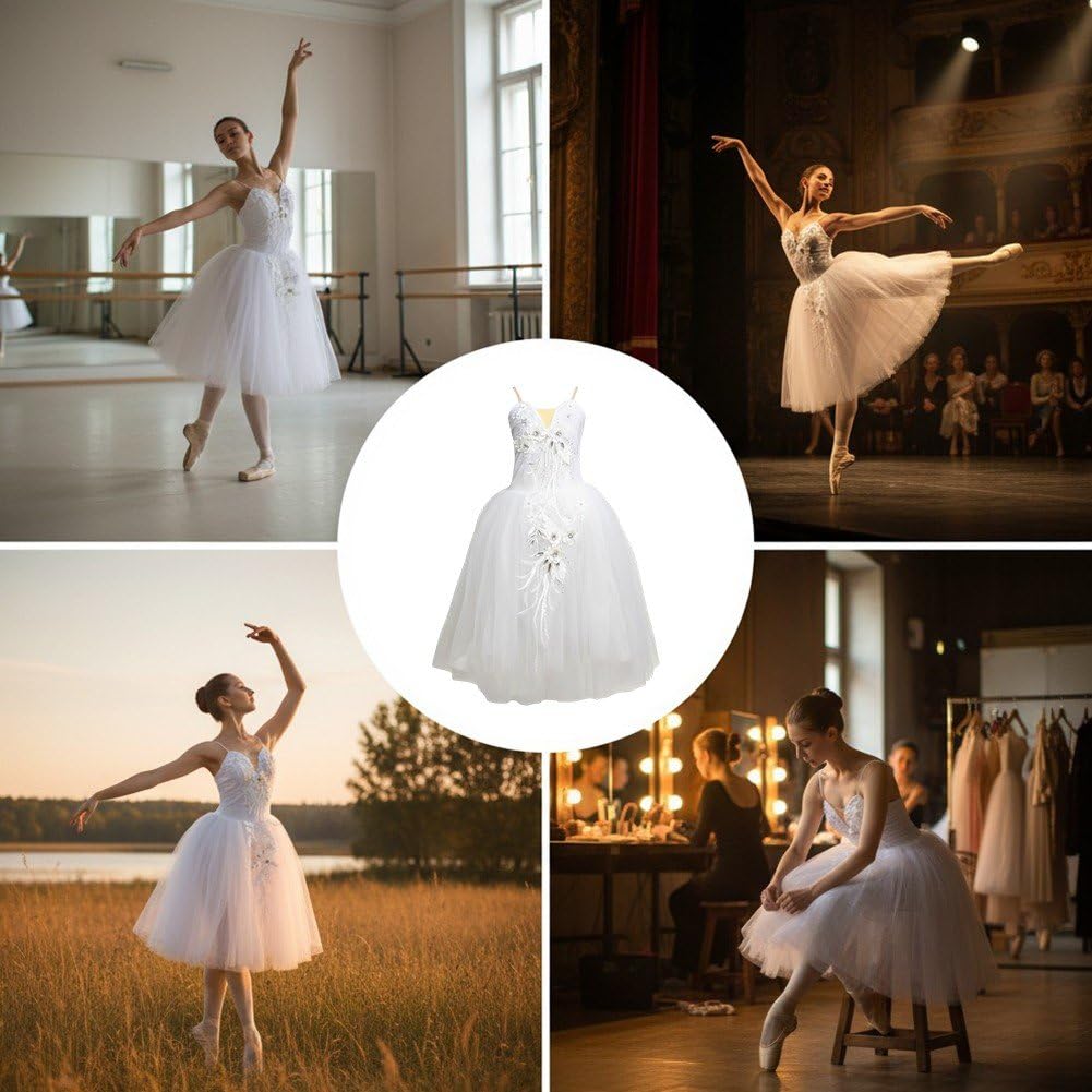 Gonna tutù Balletto per, Ricamata, in Pizzo, con Paillettes Scintillanti, Costume del Lago dei Cigni, Body Senza Maniche, Abito Ballo