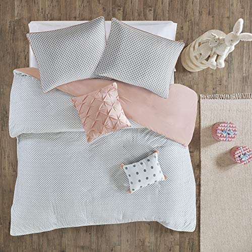 Urban Habitat Kids Aurora Duvet Cover 100% Cotton Tufted Accent Stripe Poms With Polka Dot Reverse Soft Corner Ties Buttoned With Shams All Season Bedding-Set, Full/Queen, Blush #TOP2