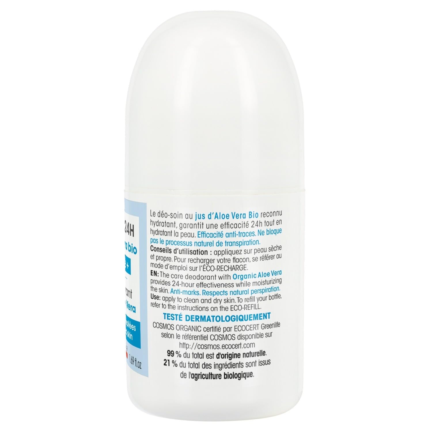 SO'BIO ÉTIC Déodorant Bille Soin Tolérance + 24h Aloe Vera Bio 50ml - Flacon Rechargeable pour Peaux Sensibles et Épilées - 0% Alcool - Efficacité Anti-Traces - Lot de 3