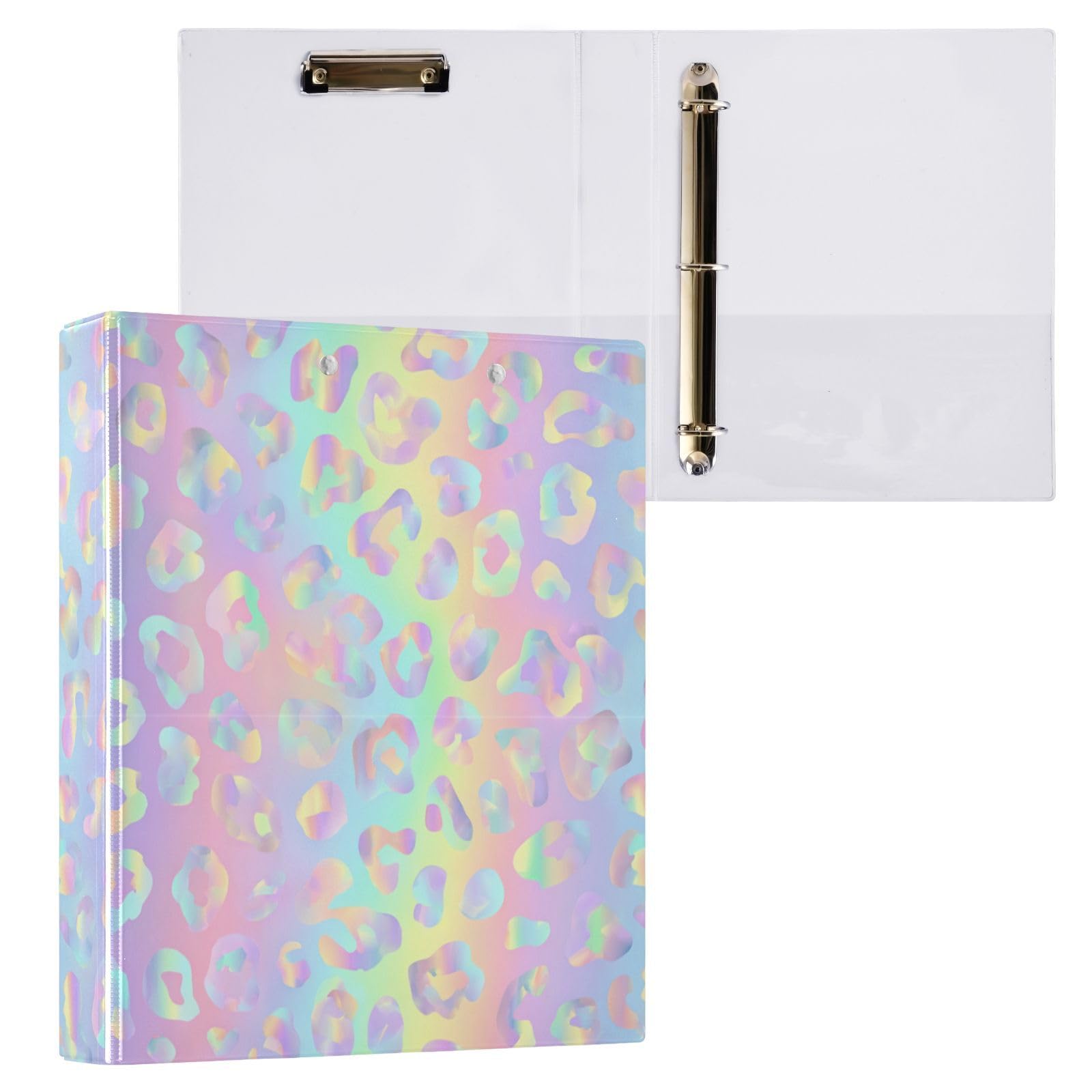 Aslsiy 3 Ring Binder 1.5 Inch Glitters Leopard Round Clipboard Binder Sparkly Decorative Harcover Binders Organizer for Office Supplies