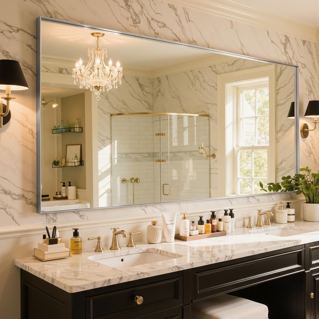 48"x32" Black Framed Bathroom Mirror, Large Rectangular Vanity Mirror, Aluminum Metal Frame, Wall Farmhouse Modern Wall-Mounted Mirrors for Bathroom, Bedroom, Living Room, Over Sink